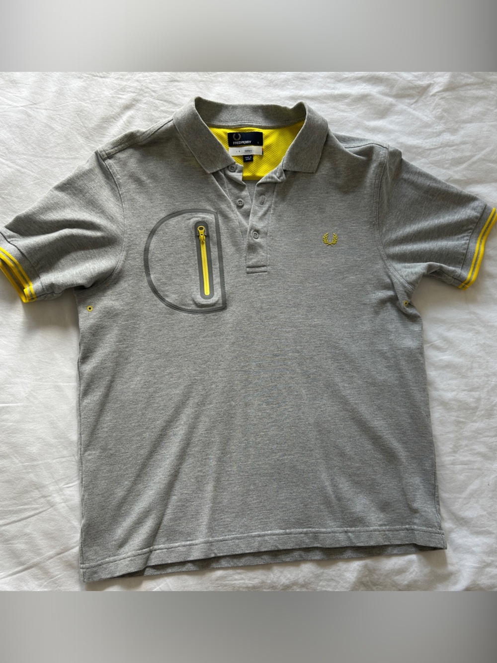Fred Perry Grey Polo with Yellow Trim and Zip Pocket
